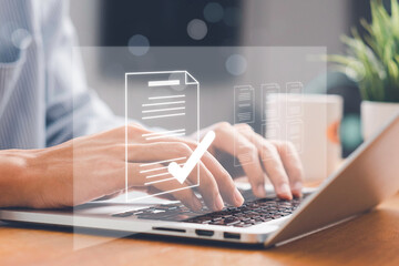Document management concept, check electronic documents on digital documents on virtual screen Document Management System and process automation to efficiently document paperless operate, document.