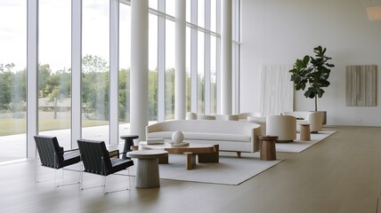 a minimalist living space with floor-to-ceiling windows, sleek furniture, and subtle decor elements.