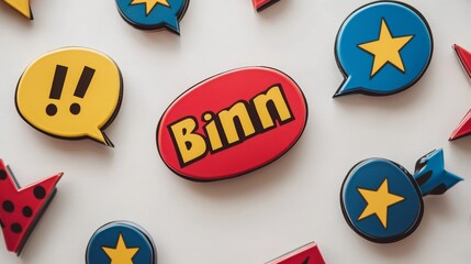 Colorful Speech Bubbles with Stars  Exclamation Marks  and Word  Binn  on White Background