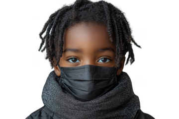 Black American little boy wearing black KN95 Mask isolated on transparent background, png file, no background png file