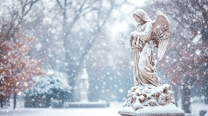 Fototapeta premium Serene Winter Scene with Angel Statue and Snowfall