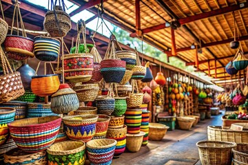 Assorted Baskets Hanging from Wooden Pole in South Africa - Vibrant Market Scene
