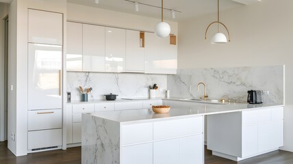 Fototapeta premium a minimalist open-plan kitchen with clean white cabinets and marble countertops.