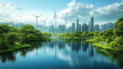 Fototapeta premium Coastal urban buildings and wind turbines
