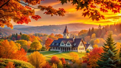 Naklejka premium Autumn Landscape with Colorful Foliage and Architectural Elegance in a Blur Background