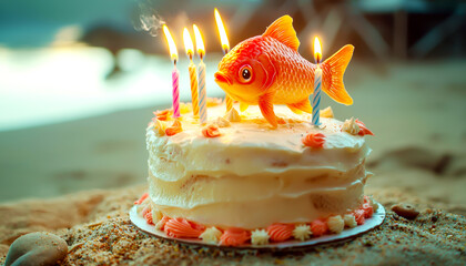 Celebrate Your 21st Birthday with a Unique Cake Featuring Colorful Fish and Festive Candles on a Beautiful Beach Setting