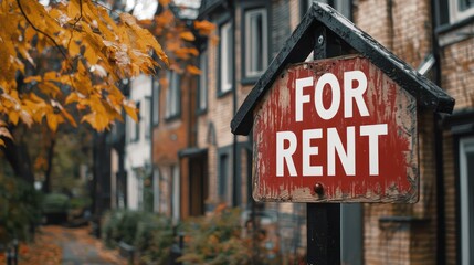 Obraz premium Sign marked FOR RENT placed in front of a house, blank text space included.