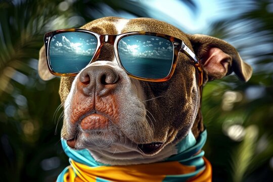 A cool dog wearing sunglasses, enjoying a sunny day with a vibrant background. - Powered by Adobe