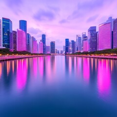 Obraz premium A vibrant city skyline reflecting in water during twilight.