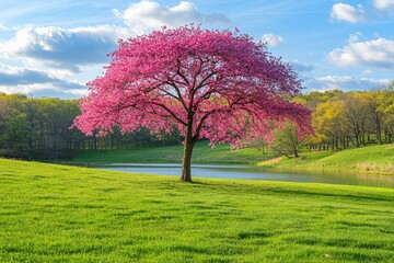 A vibrant pink tree in a lush green field by a calm lake under a blue sky with fluffy clouds.