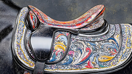 A beautifully crafted horse saddle with intricate embroidery and embellishments.