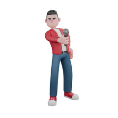 Singing Personality 3D. A male singer stands holding a mic in his right hand and his left hand on a plate with a satisfied expression. Vocalist Design