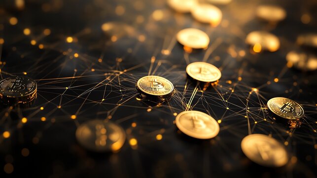 An abstract visual with a futuristic touch, showcasing a network of lines and nodes alongside rows of coins. This graphic embodies the interconnectedness of finance, business, and the stock market