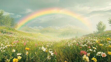 Whimsical Rainbow Over Vibrant Floral Landscape