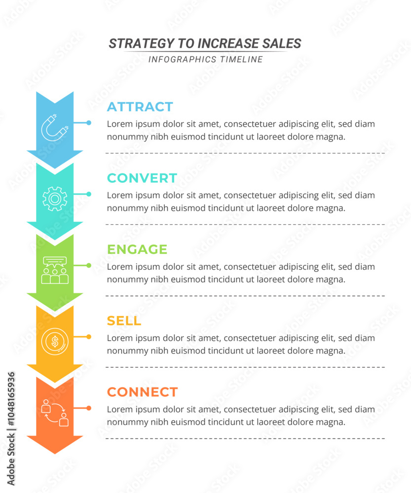 Fototapete vertical arrow infographic timeline with 5 steps and editable text on a 16:9 layout for business pre
