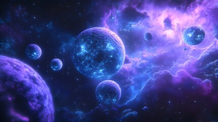Fractal patterned spheres floating in space glowing in hues of blue and purple