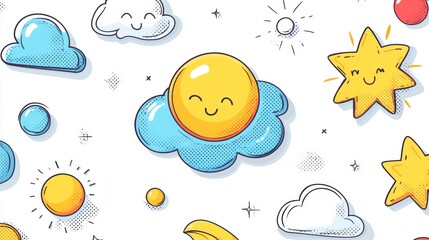 Cute Cartoon Sun  Clouds  Stars  and Moons Seamless Pattern
