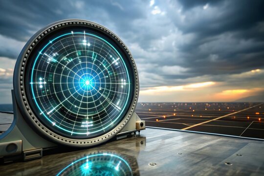 Blue Radar Screen - Futuristic Military Search System with Advanced HUD Display and Panoramic View