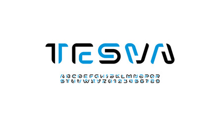Futuristic font digital alphabet, hi-tech technology logo style letters A, B, C, D, E, F, G, H, I, J, K, L, M, N, O, P, Q, R, S, T, U, V, W, X, Y, Z and numbers 0, 1, 2, 3, 4, 5, 6, 7, 8, 9