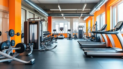 Contemporary gym design with an array of fitness equipment, including treadmills, dumbbells, and pull-up bars, with a bright, modern aesthetic.