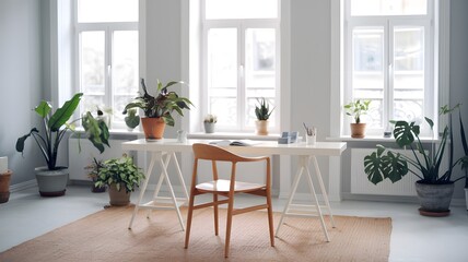 Fototapeta premium a minimalist Scandinavian home office with a white desk and a wooden chair.
