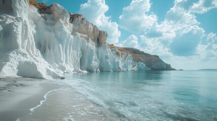 A beautiful white cliff face rises above a sandy beach and turquoise sea.  The sky is a bright blue with fluffy white clouds.