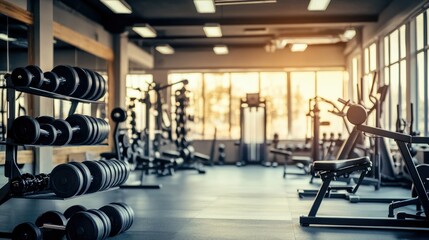Obraz premium Contemporary gym with fitness equipment, including dumbbells, kettlebells, and resistance machines, in a well-lit room with large mirrors and minimalist design.