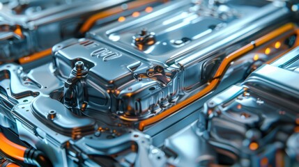 Fototapeta premium Close-up of a Shiny Metal Car Engine with Orange Wiring