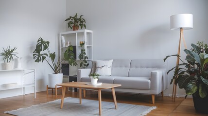 a minimalist Scandinavian living room with a grey sofa, indoor plants, and a wooden coffee table.