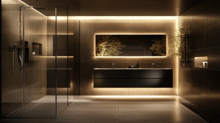 Fototapeta premium Luxurious modern bathroom with a frameless shower, a wide mirror above a floating vanity, and elegant lighting creating a fresh, clean look.