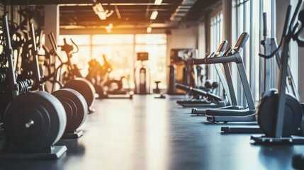 Luxury gym with modern fitness equipment, including ellipticals, squat racks, and a selection of dumbbells, in a clean, open environment.