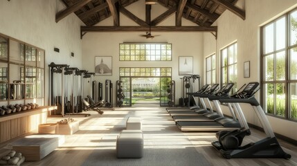 Luxury gym with modern fitness equipment, including ellipticals, squat racks, and a selection of dumbbells, in a clean, open environment.
