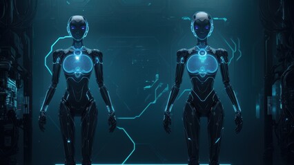 Fototapeta premium Two futuristic humanoid robots with glowing circuitry and vibrant eyes stand in a high-tech environment. Ideal for sci-fi and cybernetic themed visuals showcasing advanced artificial intelligence
