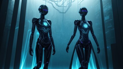 Two futuristic humanoid robots with glowing circuitry and vibrant eyes stand in a high-tech environment. Ideal for sci-fi and cybernetic themed visuals showcasing advanced artificial intelligence