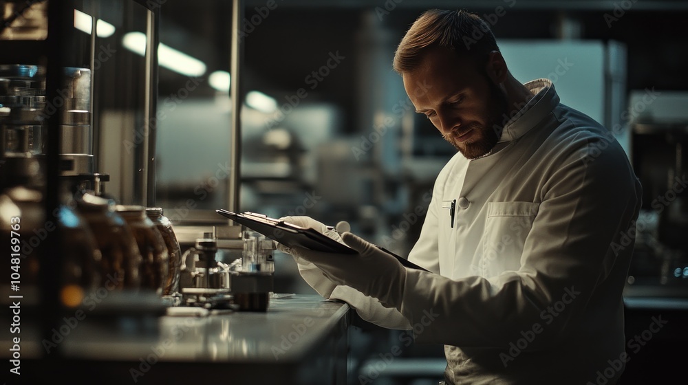 Poster A man in a lab coat examines a clipboard while standing in front of a lab counter.