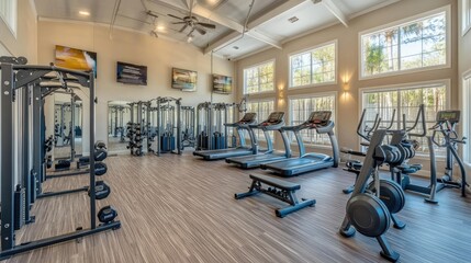 Modern gym with polished equipment, including squat racks, kettlebells, and elliptical machines, designed for professional and personal workouts.