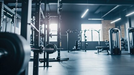 Fototapeta premium Modern gym with polished equipment, including squat racks, kettlebells, and elliptical machines, designed for professional and personal workouts.