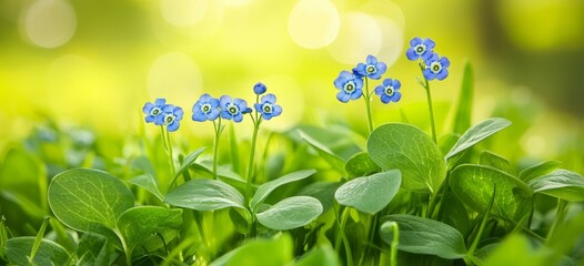 Delicate blue flowers blooming amidst vibrant green foliage, creating a serene natural atmosphere.