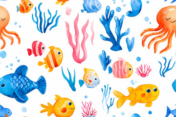 Seamless Colorful Cute Fish and Coral Pattern on white background