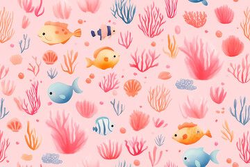 Seamless pattern, water colors, marine life, cartoon, children's illustration.