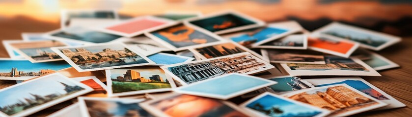 A collection of postcards from famous cities around the world scattered on a table, watercolor style, postcards, cities, nostalgic and worldly