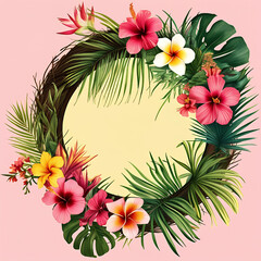 A circular photo frame decorated with a detailed wreath of tropical flowers, including hibiscus, plumeria, and palm leaves
