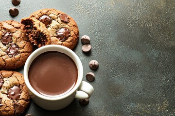 Delicious chocolate chip cookies with a cup of hot chocolate on a rustic background.