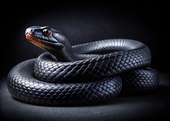 Fototapeta premium Captivating Black Snake Portrait on Dark Background for Framing and Decoration