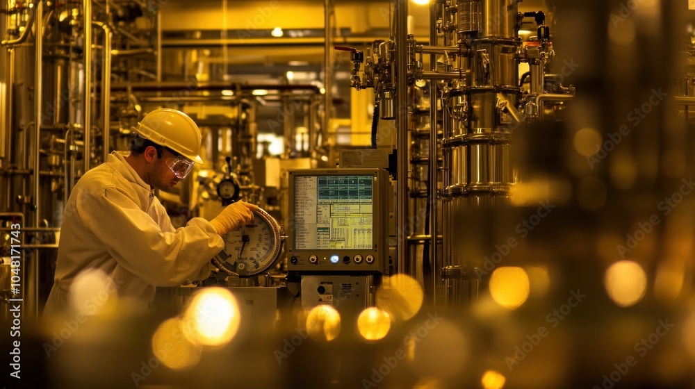 Poster worker in a factory setting monitoring industrial equipment