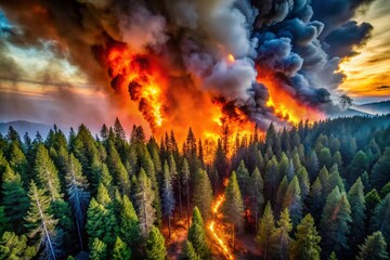 Fototapeta premium Captivating Forest Fire Landscape with Dramatic Skies and Fiery Flames for Natural Disaster Awareness