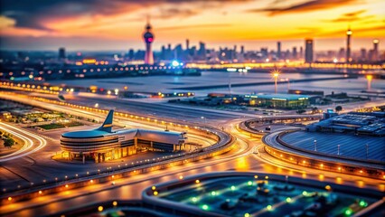 Fototapeta premium Captivating Tilt-Shift Photography of Dubai International Airport at Dusk, Illuminated Splendor in UAE Skies