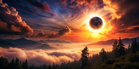 Fototapeta premium Captivating Totality: Solar Eclipse with Cloudy Sky - Stunning Double Exposure Photography for Nature Enthusiasts