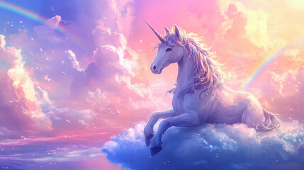Obraz premium Cute magic rainbow unicorn in fantastic world kid's dream background