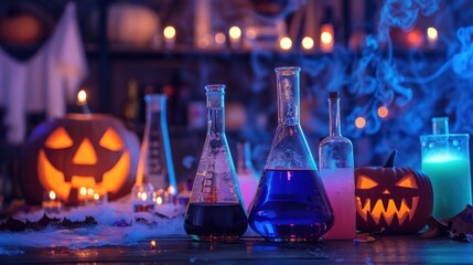 Halloween Potion Setup with Jack-O-Lanterns and Glowing Potions